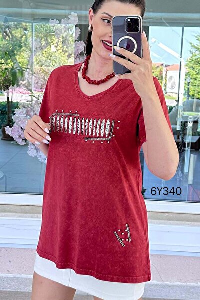 İnce Topuk V-Neck Sequin Detail Cotton Blouse 6Y340