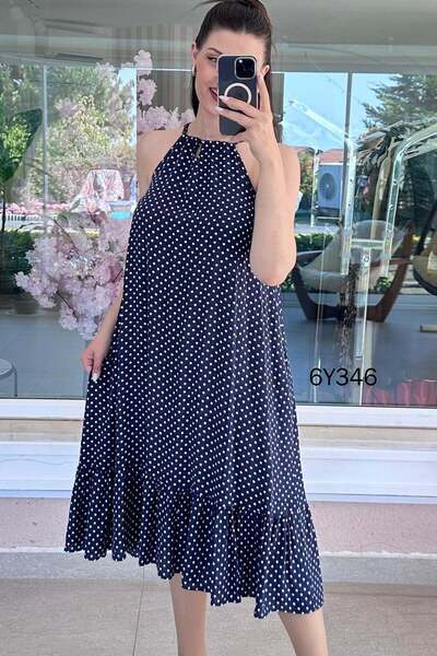 İnce Topuk Halter Neck Polka Dot Viscose Dress 6Y346