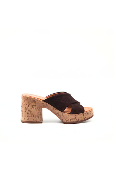 Folle Brown Suede Women's Cross-Strapped Platform Heeled Slippers – Genuine L...