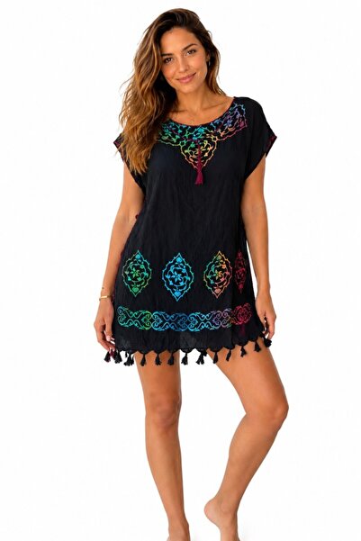 Mulberry Ethnic Patterned Tassel Detailed Short Pareo Beach Dress – Standard ...