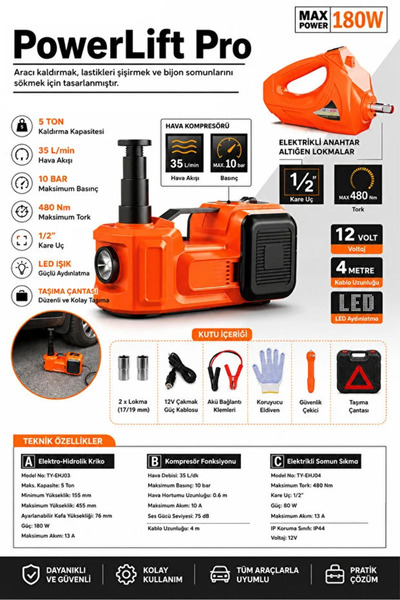 EZERE Areks Car Pro 180W 5 Ton Çok Fonksiyonlu Elektrikli Hidrolik Kriko Lift...