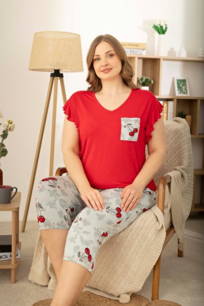 Miss Meryem Kırmızı Viskon Kısa Kol Büyük Beden Kapri Pijama Takım