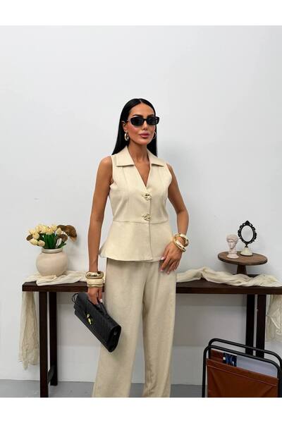 Bella Breeze Women's Linen Button Detailed Vest Trousers Jewelry Stylish Two-...