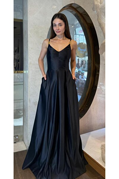 SpringStore Siyah İp Askılı Saten Abiye