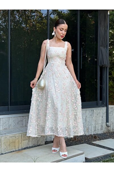 qeteen Floral Elegance |   3D Floral Detailed Square Neck Midi Dress