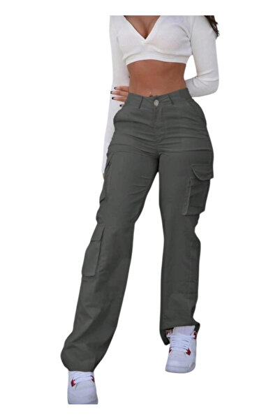 OEM Women's casual cargo pants with Pocketed, high waist, gray, XS