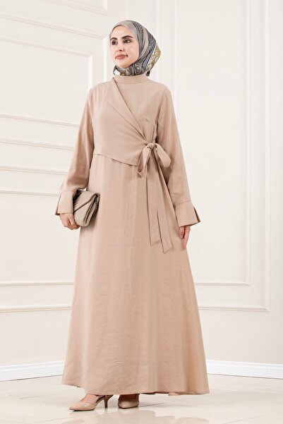 Sevitli Beli Tie-Detail Bihter Dress-Beige