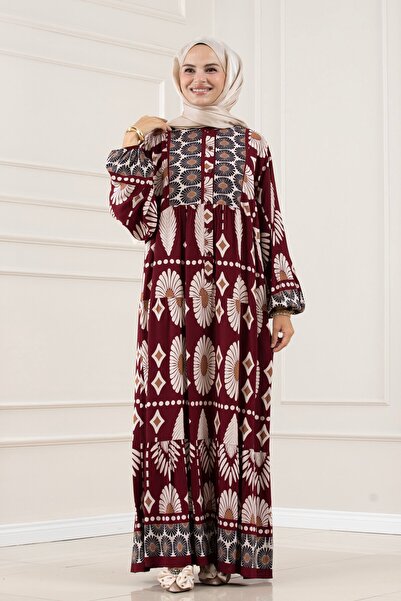 Sevitli Half Buttoned Robal Yaren Dress-Bordo