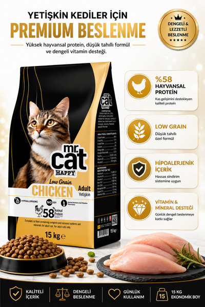 MR.CAT HAPPY Tavuklu Yetişkin Kedi Maması 15 Kg Low Grain Hipoalerjenik