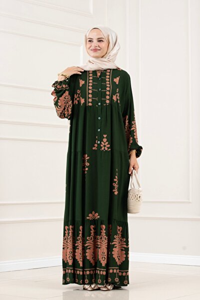 Sevitli Half Buttoned Robal Nesrin Dress-Green