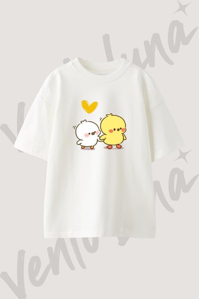 Vento Luna Cute Chicks_1 Tasarım Baskılı Unisex Oversize Kalıp Beyaz Tshirt