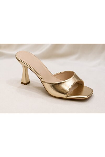babamindukkani Women's Gold Metallic Square Toe Heeled Slippers