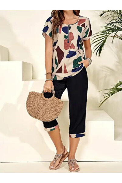 OEM Compleu dama, tricou si pantaloni trei sferturi, negru, L