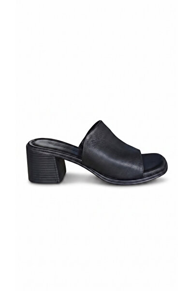 Hayati Arman Women's Genuine Leather Blunt Toe Thick Heeled Slippers Black