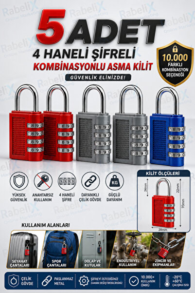 Rabelix Online Marketing 5 Adet 4 Haneli Şifreli Kombinasyonlu Asma Kilit Bav...