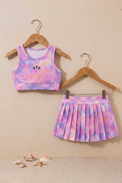 ZUZUNGA Kız Çocuk Aurora Pastel Renkli Crop Şort Etekli Spor Alt - Üst Takım