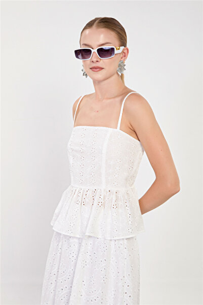 BARRELS AND OIL Women's Rope Strap Pleated Brode Blouse - Ecru