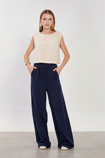BARRELS AND OIL Women's Tie-Waist Linen Loose Trousers - Navy Blue