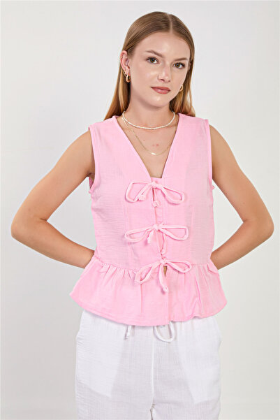 BARRELS AND OIL Women's Tie-Up Ruffle Vest - Pink