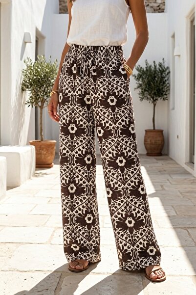 Azıcık Akıllı Women's White Brown Ethnic Patterned Model Comfortable Flowy Wi...