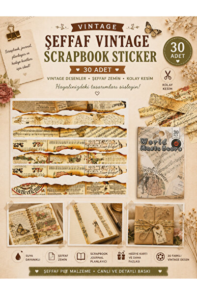 hediyeofisi Şeffaf Vintage Scrapbook Sticker 30 Adet-MUSİC-SEA