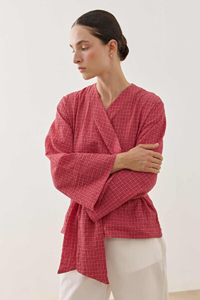 Fahhar Double-Breasted Plaid Cotton Dress Red