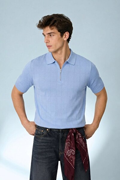 Maccali Men's Short Sleeve Striped Knitwear Blue Polo Collar t Shirt