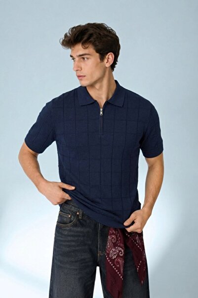 Maccali Men's Short Sleeve Striped Knitwear Navy Blue Polo Neck T-Shirt