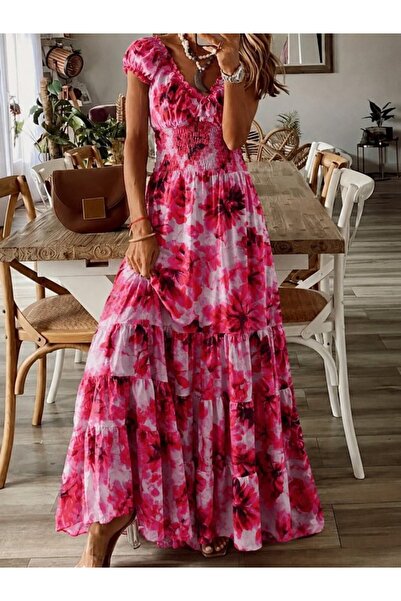 Wear Up Women's Short Sleeve Double Breasted Collar Patterned Maxi Length Sin...