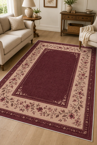 Liriya Dijital Yıkanabilir Etnik Retro Desen Kaymaz Taban Salon Halısı Mutfak...