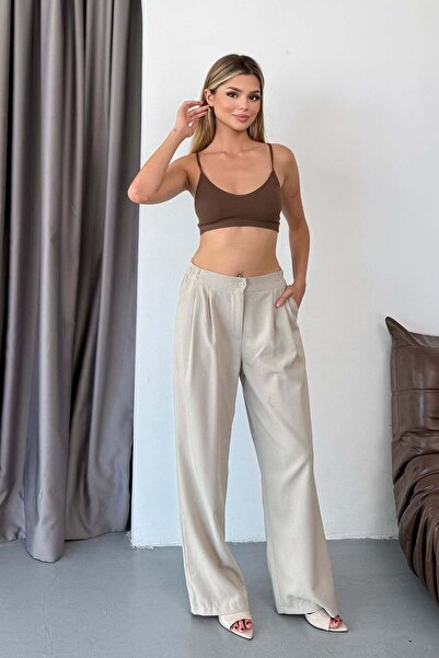 JEE LEE Women's Elastic Waist Double Pocket Wide Leg Pants Stone - 4057