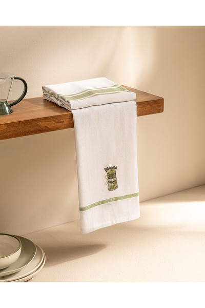 Madame Coco Asperge 2-Pack Embroidered Drying Cloth - White/Green
