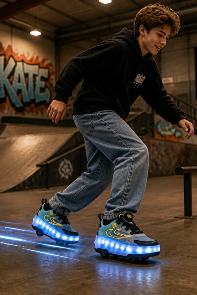 ByCukurovaFrango Işıklı Şarjlı Kız Çocuk 4 Tekerlekli Mavi Günlük Sneaker Fre...