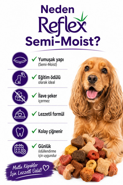 Reflex Semi-Moist Köpek Ödül Maması 3'lü Set 150 gr x 3 (450 gr) Yumuşak Yapılı İlave Şekersiz Sport Mix + Lamb & Rice Large + Mini Hearts Mix