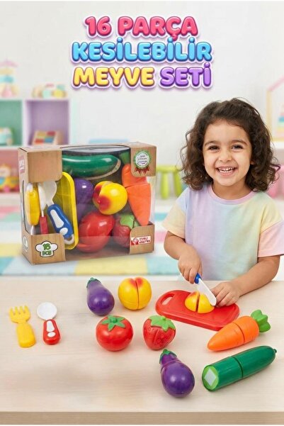 Tıfıl Toys 16 Parça Oyuncak Meyve Sebze Kesme Seti Kaşık Çatal Bıçak Kesim Ta...