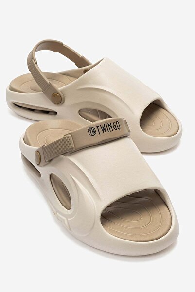 CCWAY AYAKKABI Wide Piping Belted Men's Slippers Ecru Kum