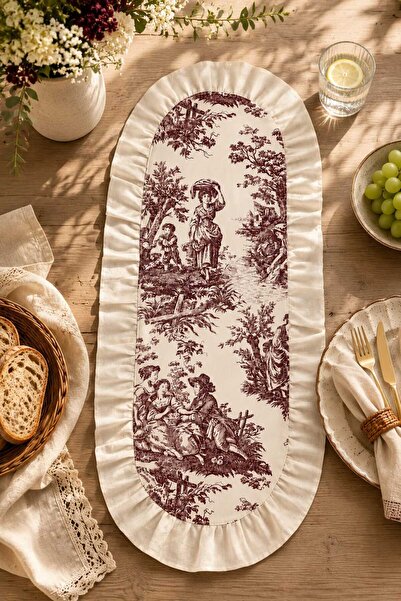 Luxoras Home Bordo Vintage Fransız Desenli Fırfırlı Oval Runner