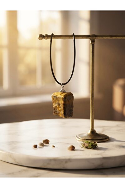 Meneva Aksesuar Raw Cut Tiger's Eye Natural Stone Leather Cord Necklace