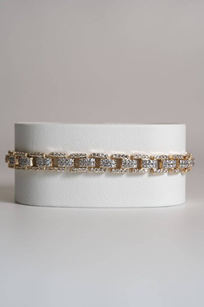 AYRA ACCESSORY Kare Taş Dizili Gold Renk Çelik Bileklik