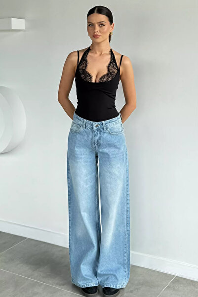 Aryena Blue Women's Washed High Waist Loose Wide Leg Palazzo Jean Denim Trousers