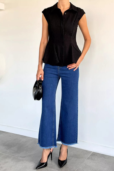 Aryena Blue Women's High Waist Lycra Tassel-Legged Jean Jeans