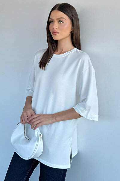 Aryena Cream Gülseli T-Shirt with Folded Sleeves and Slits