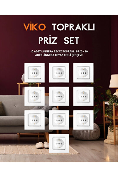 VİKO Linnera Beyaz Priz Set ( 10 Adet Topraklı Priz + 10 Adet Tekli Çerçeve)