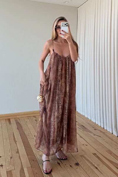 Laluvia Camel Strap Patterned Dress - 3466