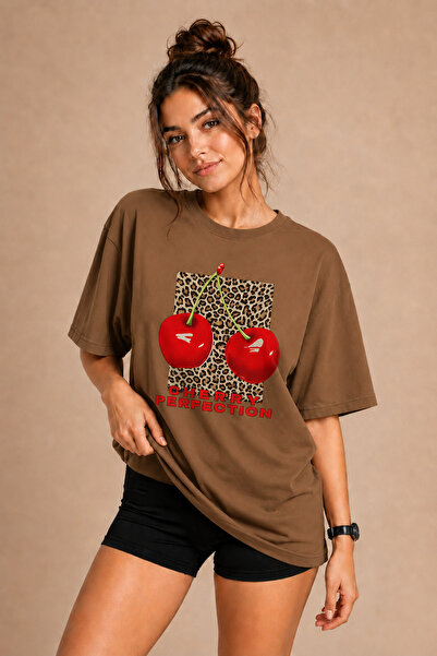 FECCY Tricou Premium Leopard Cherry Unisex Oversize pentru femei Tricou pentr...