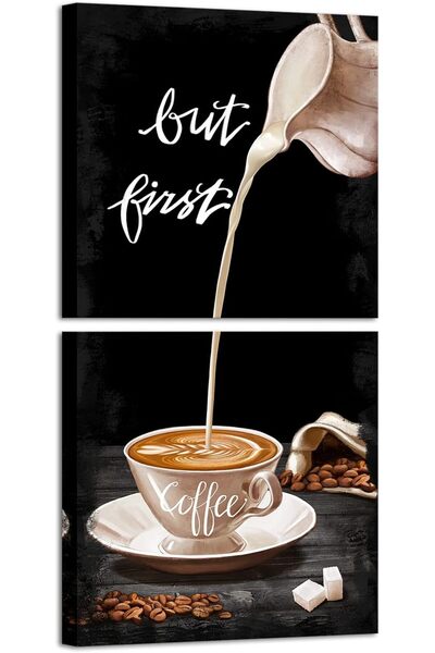 HOME MODE 30x30 cm 2 Panel Black Coffee Canvas Wall Art | But First Coffee Qu...