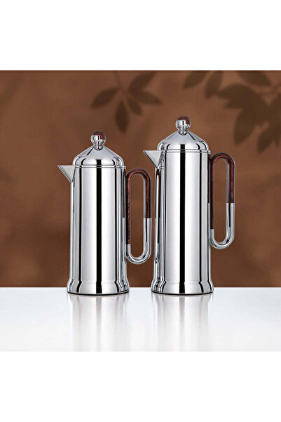 Almarjan 2 Pieces Vacuum Flask Set, Silver & Dark Wood
