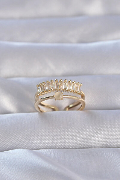 ARMÜZ Brass Gold Color Zircon Stone Baguette Waterway Model Adjustable Ring