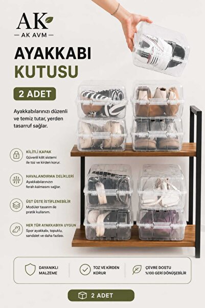 Ak Avm 2 Adet İstiflenebilir Ayakkabı Kutusu, Şeffaf Organizer Aykkabı Düzenl...