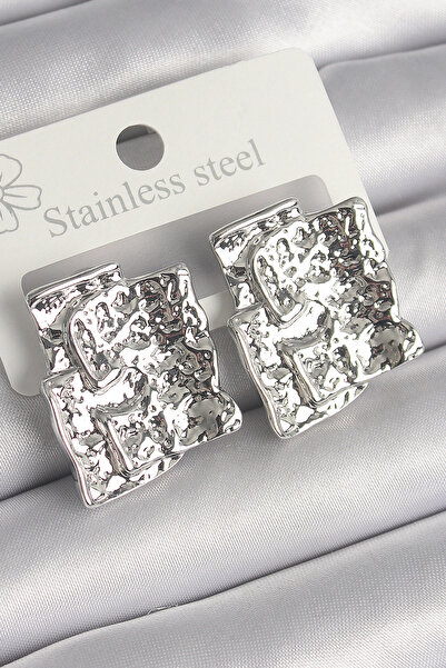 ARMÜZ Brass Silver Color Embroidered Square Plate Model Women's Earrings